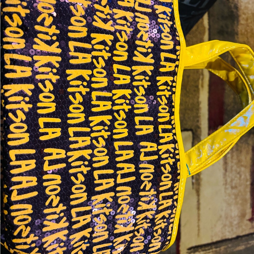 Kitson Yellow and Black Text Pattern Tote